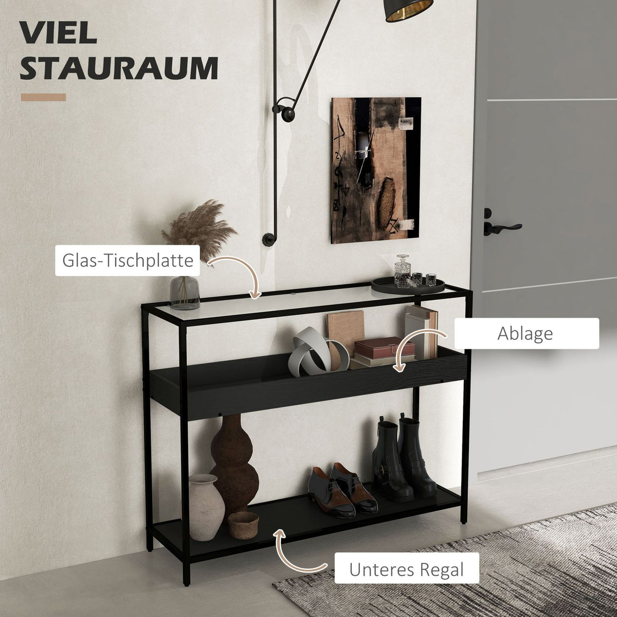 Console Table With 2 Shelves, Hall Table With Glass Top, Shoe Rack, Steel, Black, 100X30X78 Cm