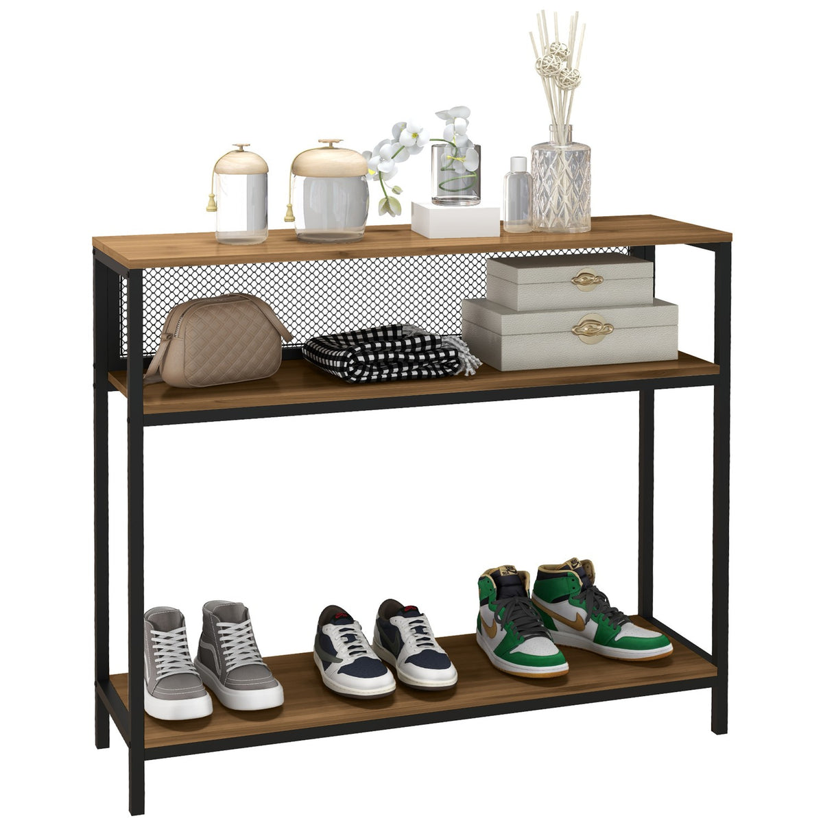 Console Table With 2 Shelves, Hallway Console With Anti-Tip Protection, Shoe Rack, Metal, Brown, 100X29.5X90 Cm