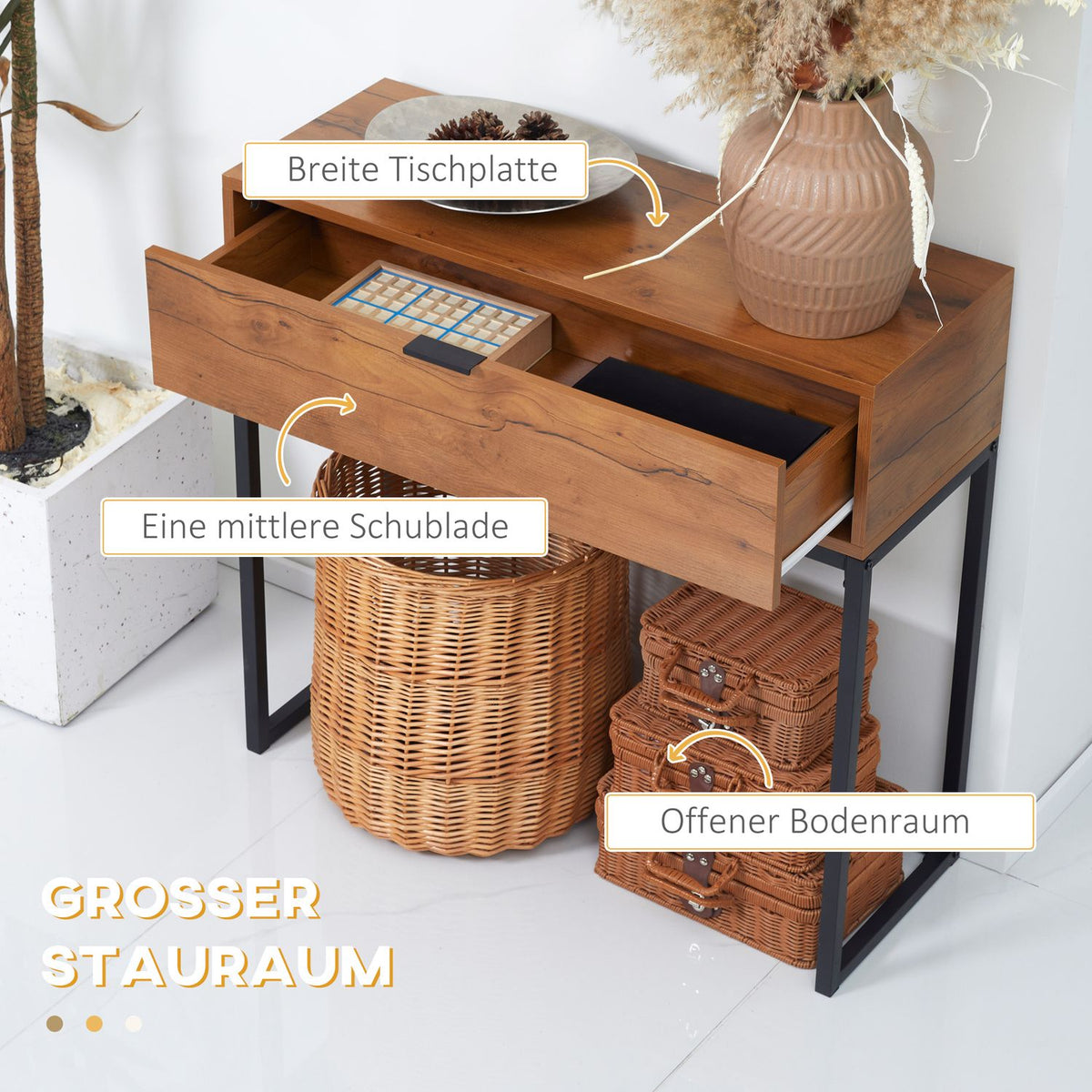 Console Table With Drawer, Sofa Table, Hall Table In Industrial Design, Side Table For Entrance, Living Room, Hallway, Steel, Natural, 80 X 30 X 76 Cm