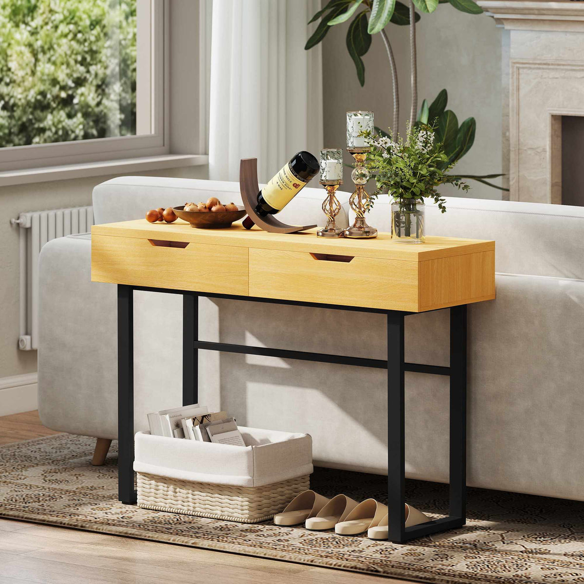 Console Table with 2 Drawers, Metal Frame, 110x35x76.5 cm