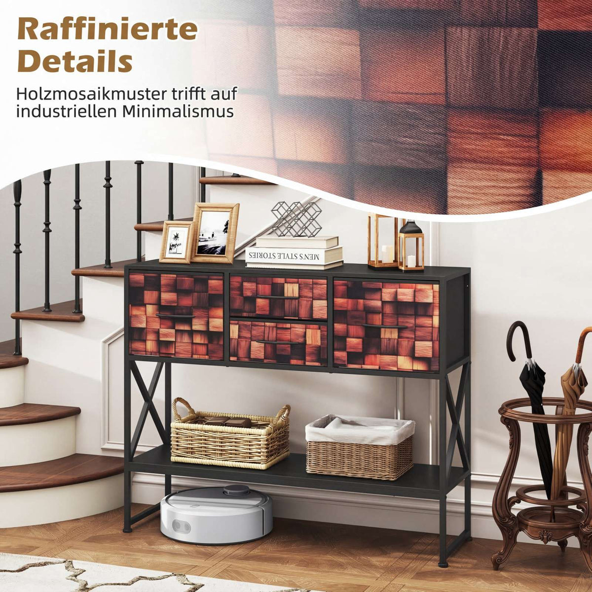 Console Table with 4 Fabric Drawers, Metal Frame, Wood Mosaic