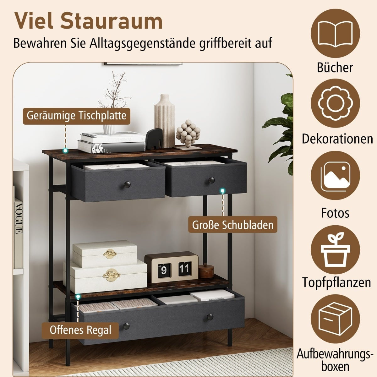 Console Table with Drawers, Rustic Brown, Metal Frame