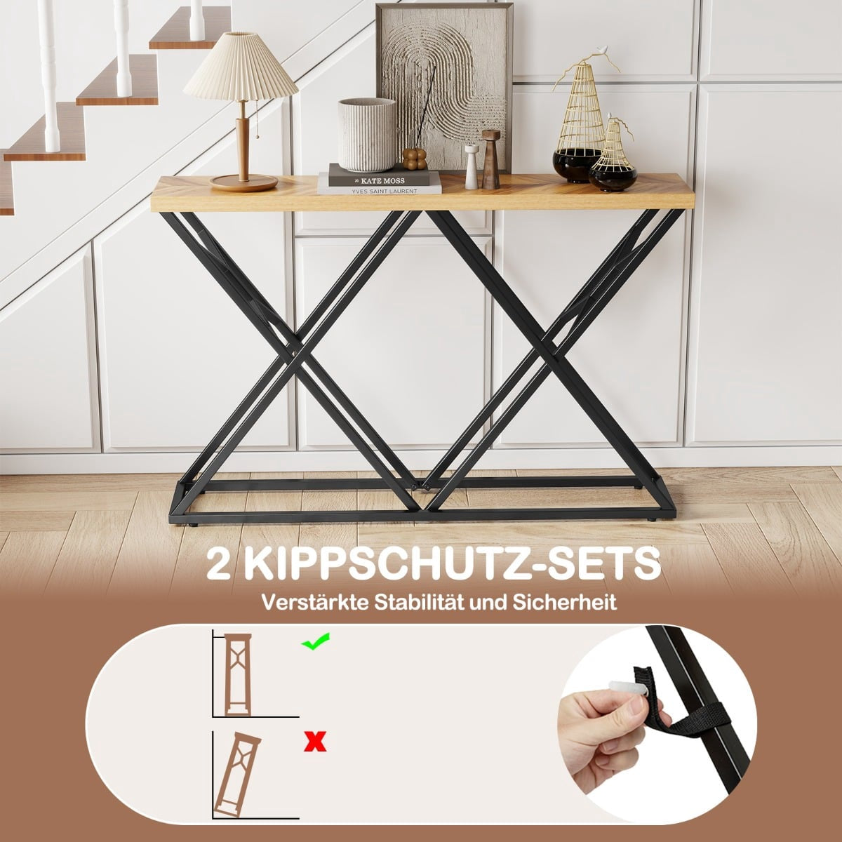 Console Table with Geometric Metal Base, 140 cm