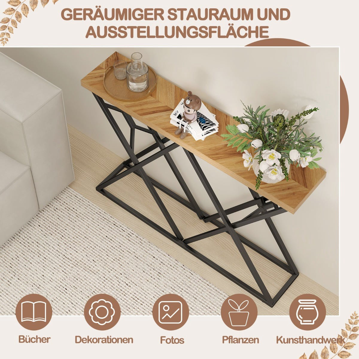 Console Table with Geometric Metal Base, 140 cm
