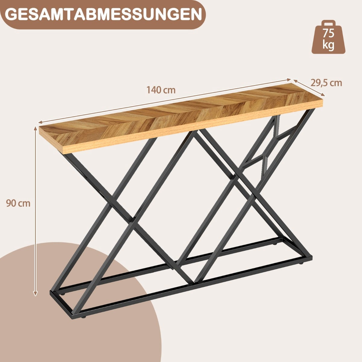 Console Table with Geometric Metal Base, 140 cm