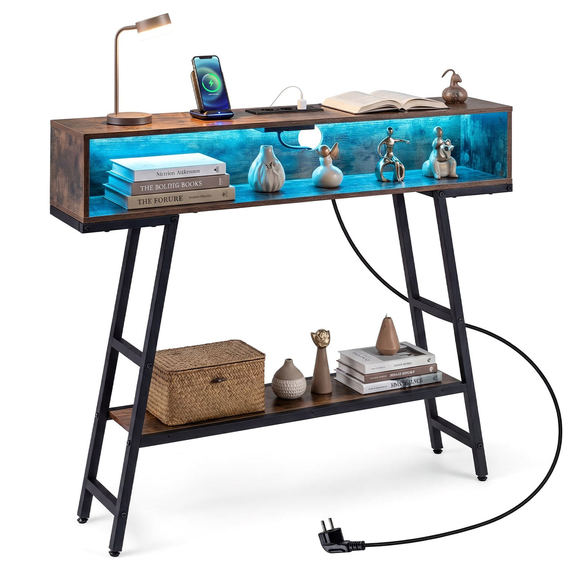 Console Table with LED Lighting & Charging Station, 3-Tier, Rustic Brown