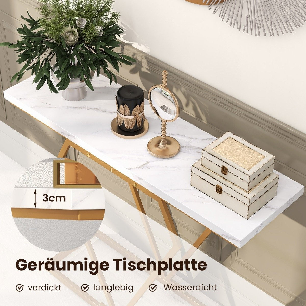 Console Table with Marble Look, Gold Frame, 100x29.5x80 cm