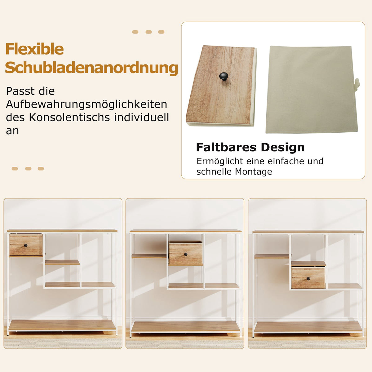 Console Table with Storage, Fabric Drawer & Shelves