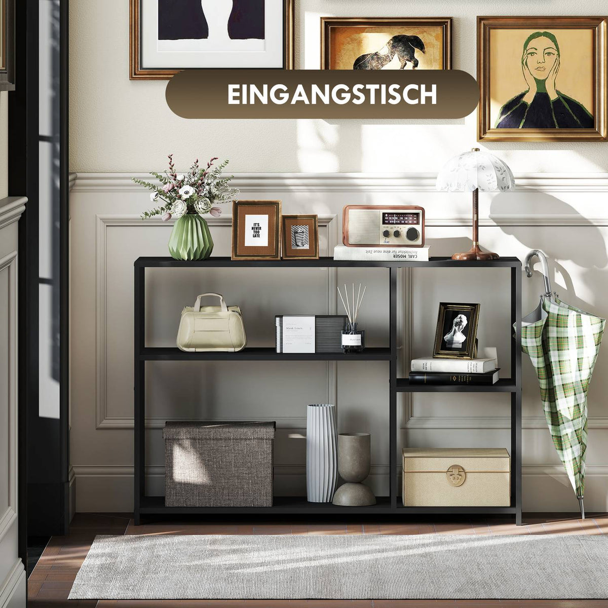 Console table, 4 levels, steel frame, for hallway, living room, black