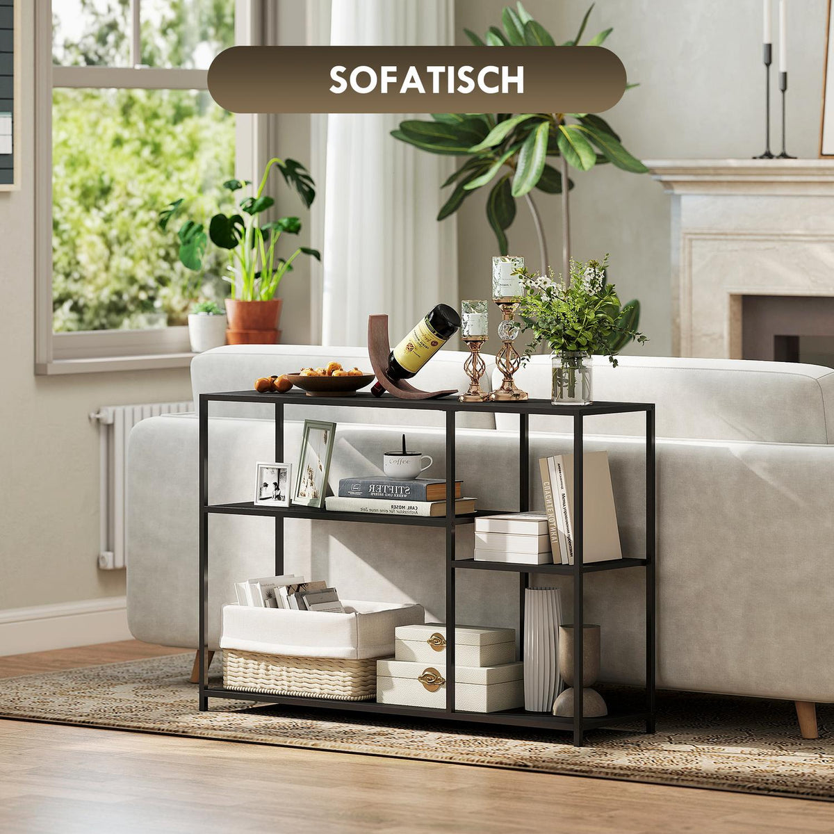 Console table, 4 levels, steel frame, for hallway, living room, black