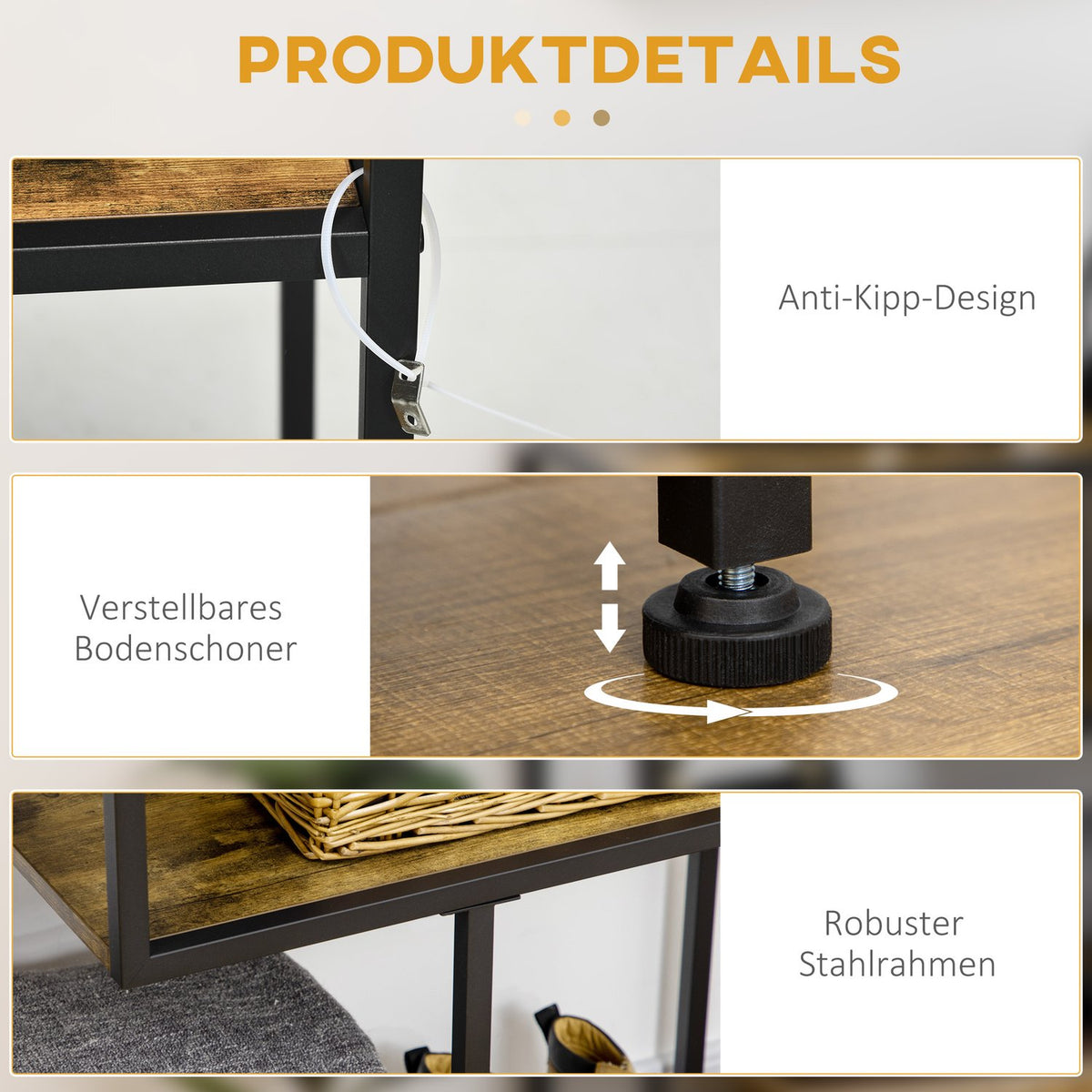 Console table, hallway table, 4 levels with steel legs, side table, decorative table, tilt protection for hallway, living room, rustic brown, 99.6 x 33.6 x 74 cm