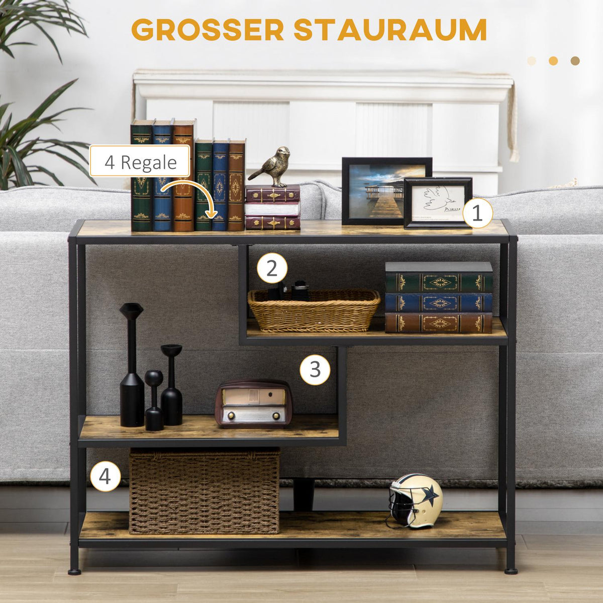Console table, hallway table, 4 levels with steel legs, side table, decorative table, tilt protection for hallway, living room, rustic brown, 99.6 x 33.6 x 74 cm