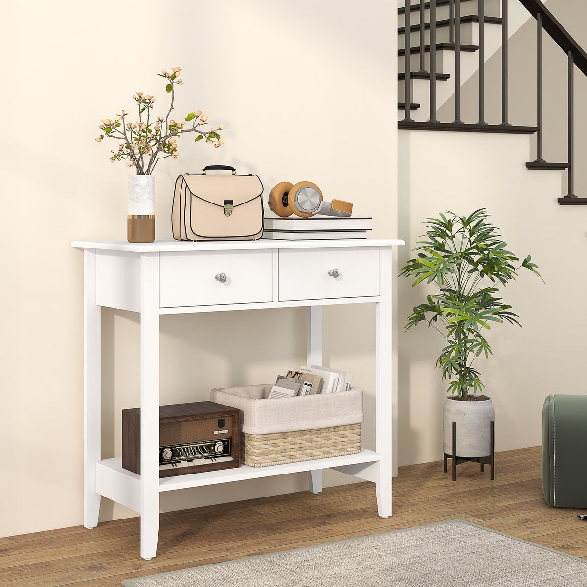 Console table, hallway table, side table with 2 drawers, sideboard entrance, solid wood 80 x 40 x 75 cm