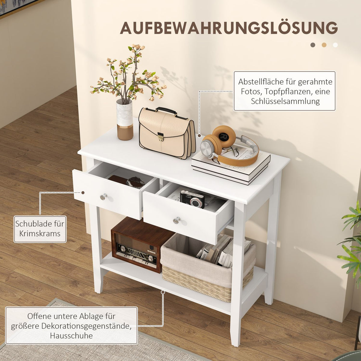 Console table, hallway table, side table with 2 drawers, sideboard entrance, solid wood 80 x 40 x 75 cm