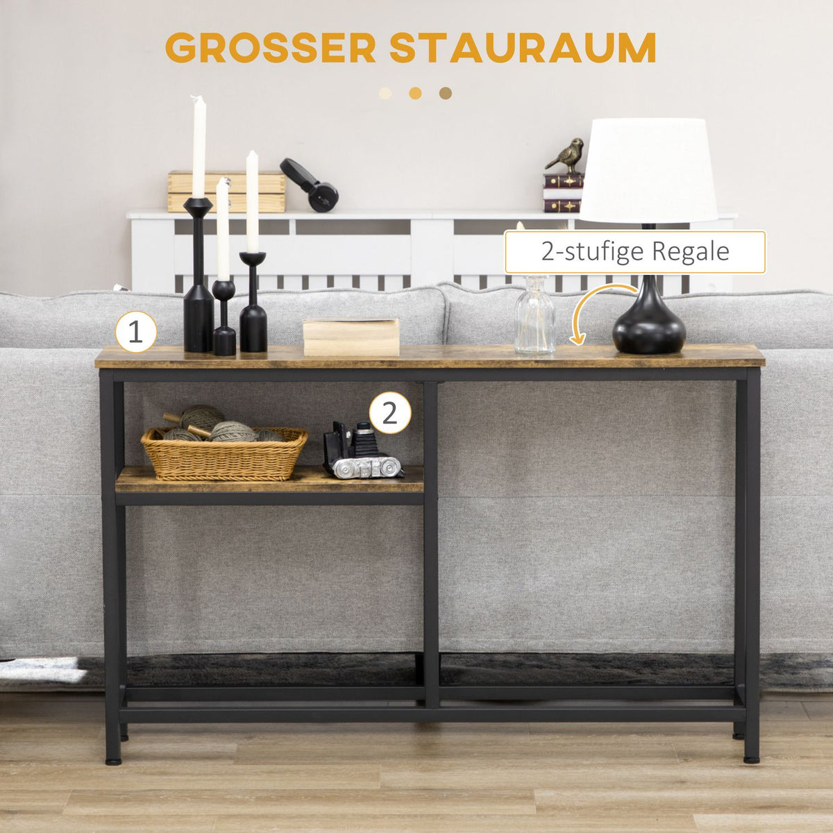 Console table, hallway table with 2 levels, steel legs, anti-tip, side table, decorative table for living room, hallway, 120 x 23 x 75 cm