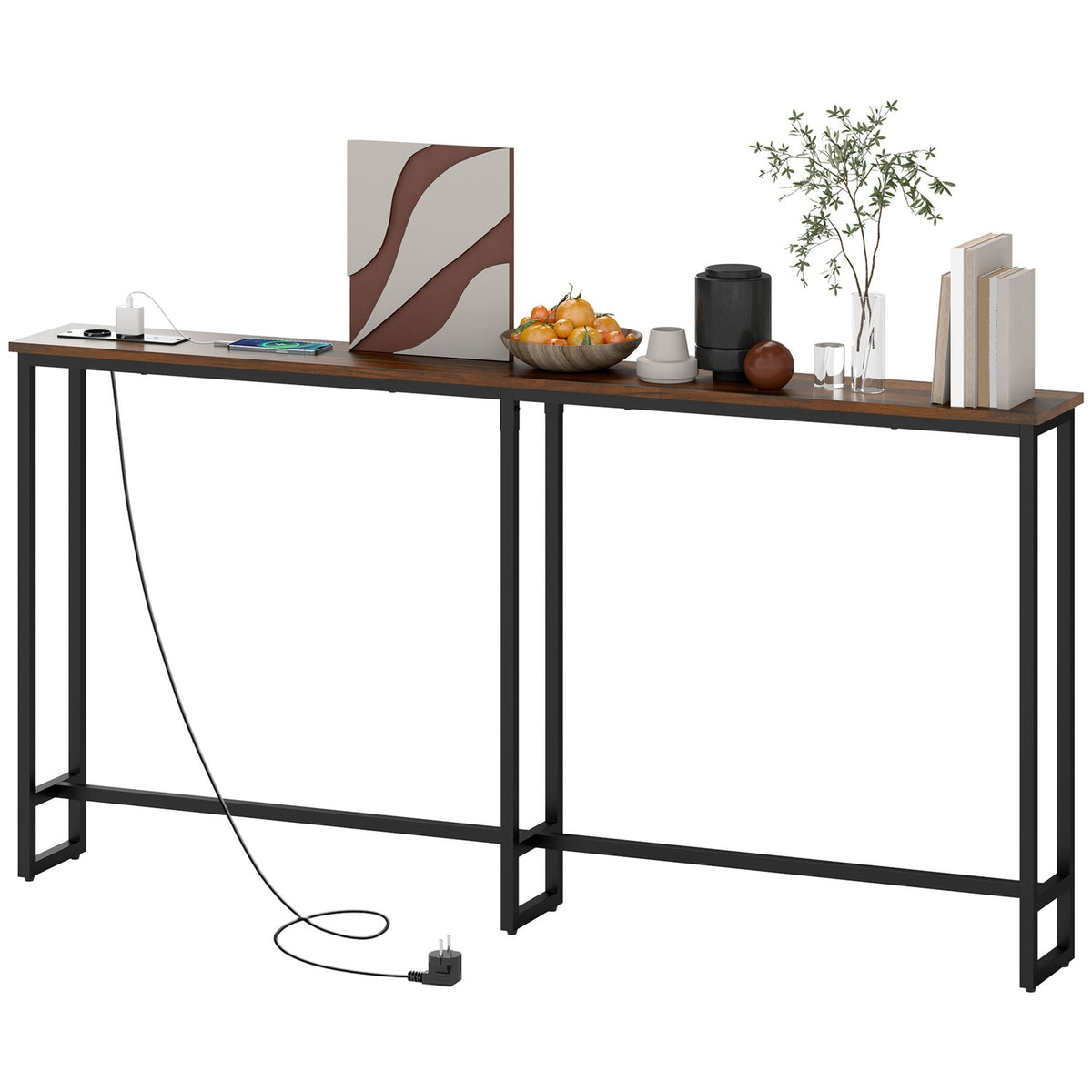 Console table, hallway table with integrated charging station, steel legs, narrow side table in industrial style for hallway, entrance, office, steel, 160 x 20 x 80 cm, rustic brown