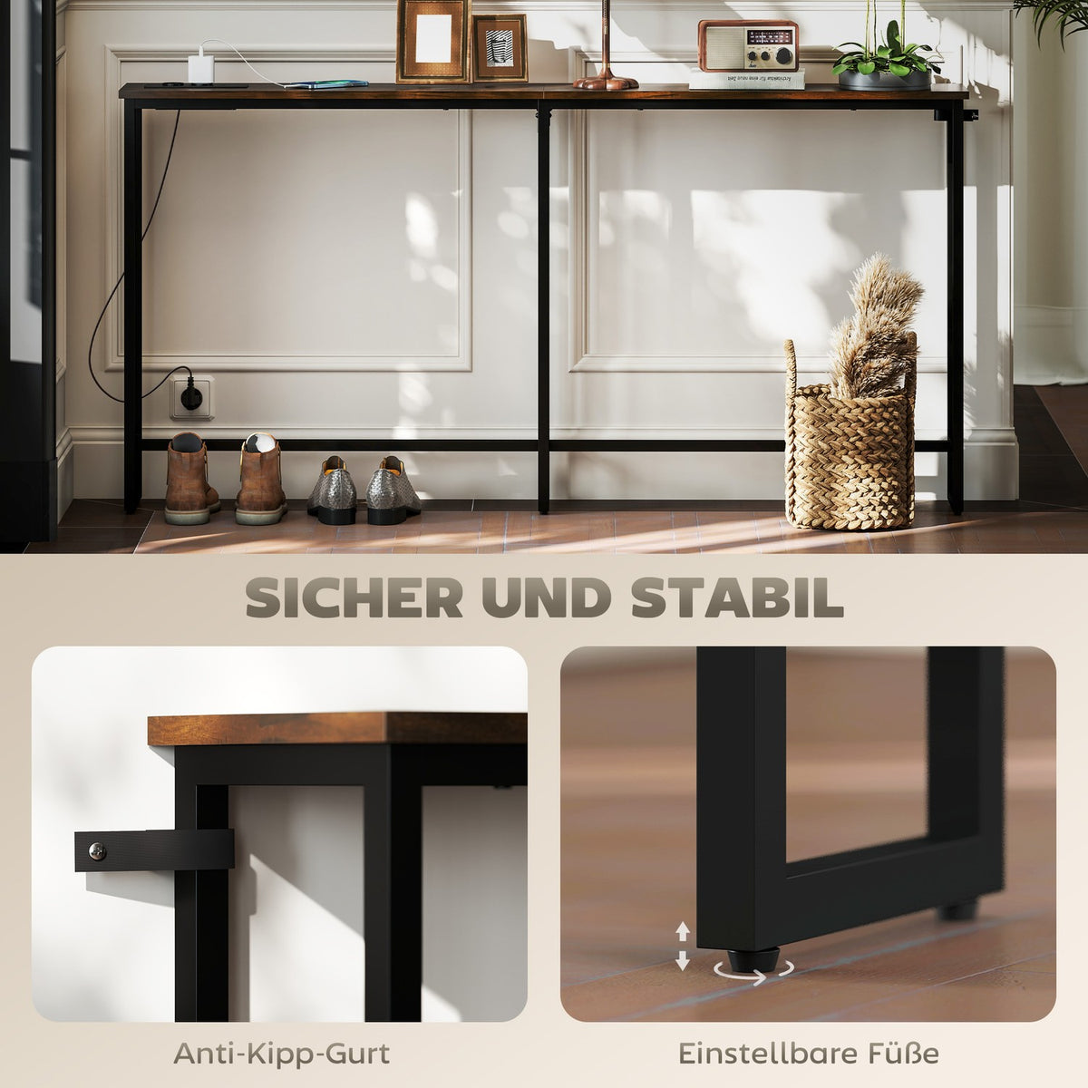 Console table, hallway table with integrated charging station, steel legs, narrow side table in industrial style for hallway, entrance, office, steel, 160 x 20 x 80 cm, rustic brown