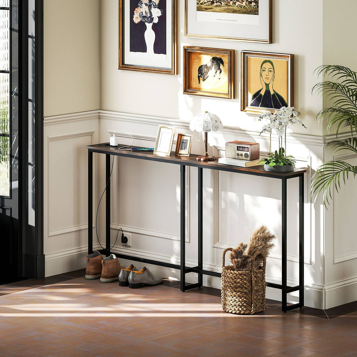 Console table, hallway table with integrated charging station, steel legs, narrow side table in industrial style for hallway, entrance, office, steel, 160 x 20 x 80 cm, rustic brown