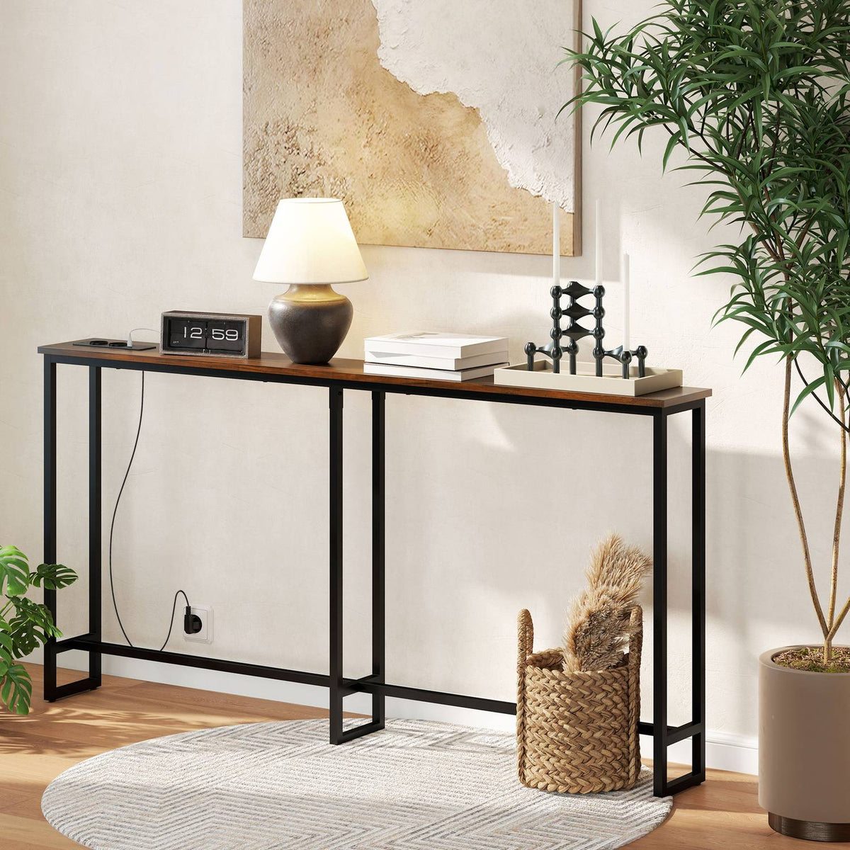 Console table, hallway table with integrated charging station, steel legs, narrow side table in industrial style for hallway, entrance, office, steel, 160 x 20 x 80 cm, rustic brown