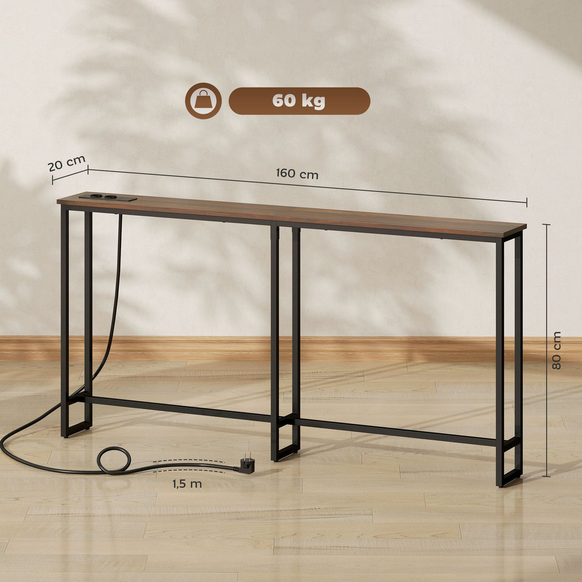 Console table, hallway table with integrated charging station, steel legs, narrow side table in industrial style for hallway, entrance, office, steel, 160 x 20 x 80 cm, rustic brown