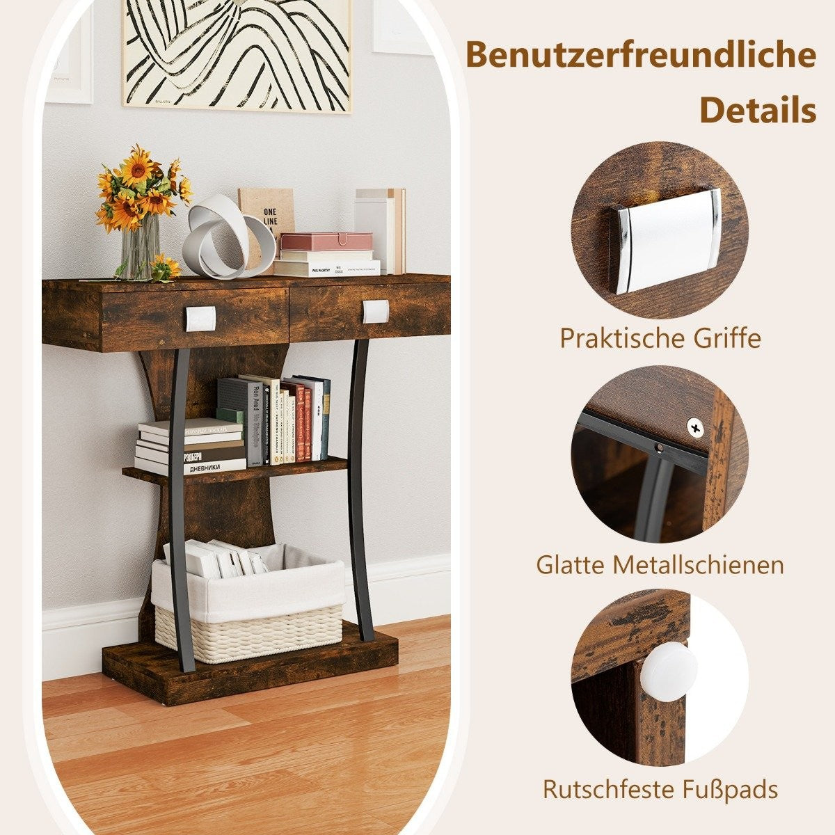Console table with 2 drawers Entrance table made of wood with 2 shelves 91 x 30 x 87 cm Rustic brown