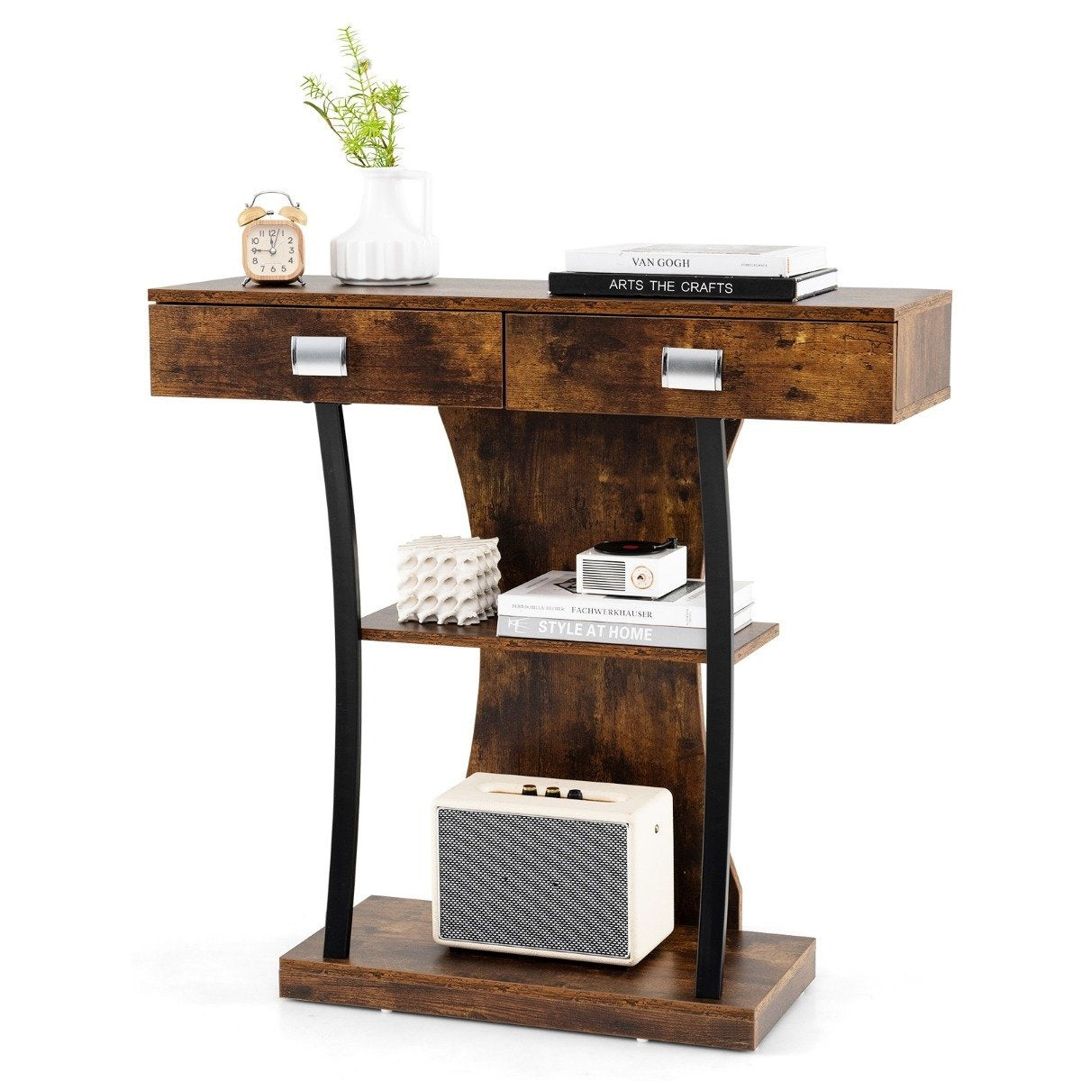 Console table with 2 drawers Entrance table made of wood with 2 shelves 91 x 30 x 87 cm Rustic brown