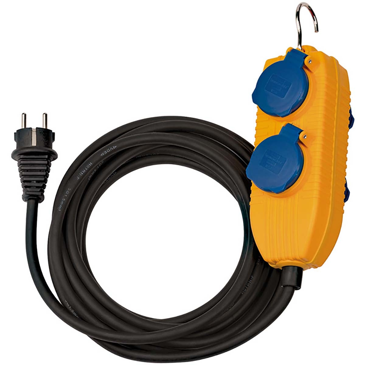 Construction site cable IP54 with power block (4-way extension for outside, external distributor with 5m cable) yellow