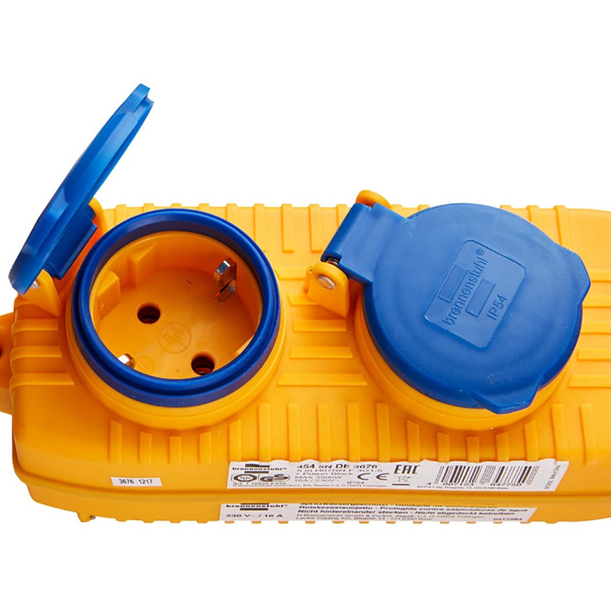 Construction site cable IP54 with power block (4-way extension for outside, external distributor with 5m cable) yellow