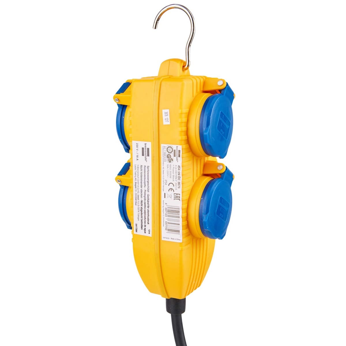 Construction site cable IP54 with power block (4-way extension for outside, external distributor with 5m cable) yellow
