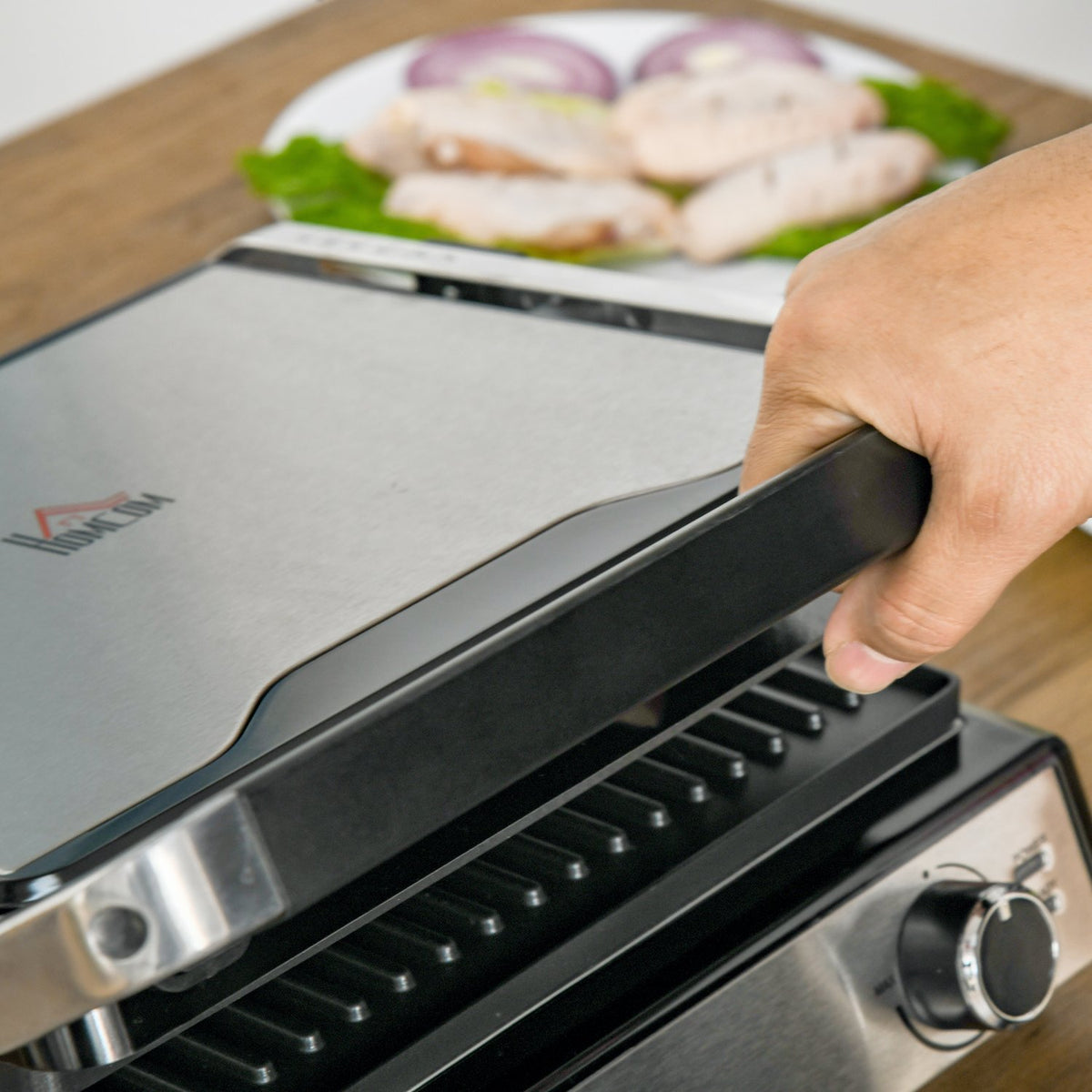 Contact Grill Electric Grill 2000W Table Grill Bbq With Adjustable Thermostat 180 Degrees Foldable Stainless Steel Silver + Black 36.6 X 35.7 X 16.2 Cm