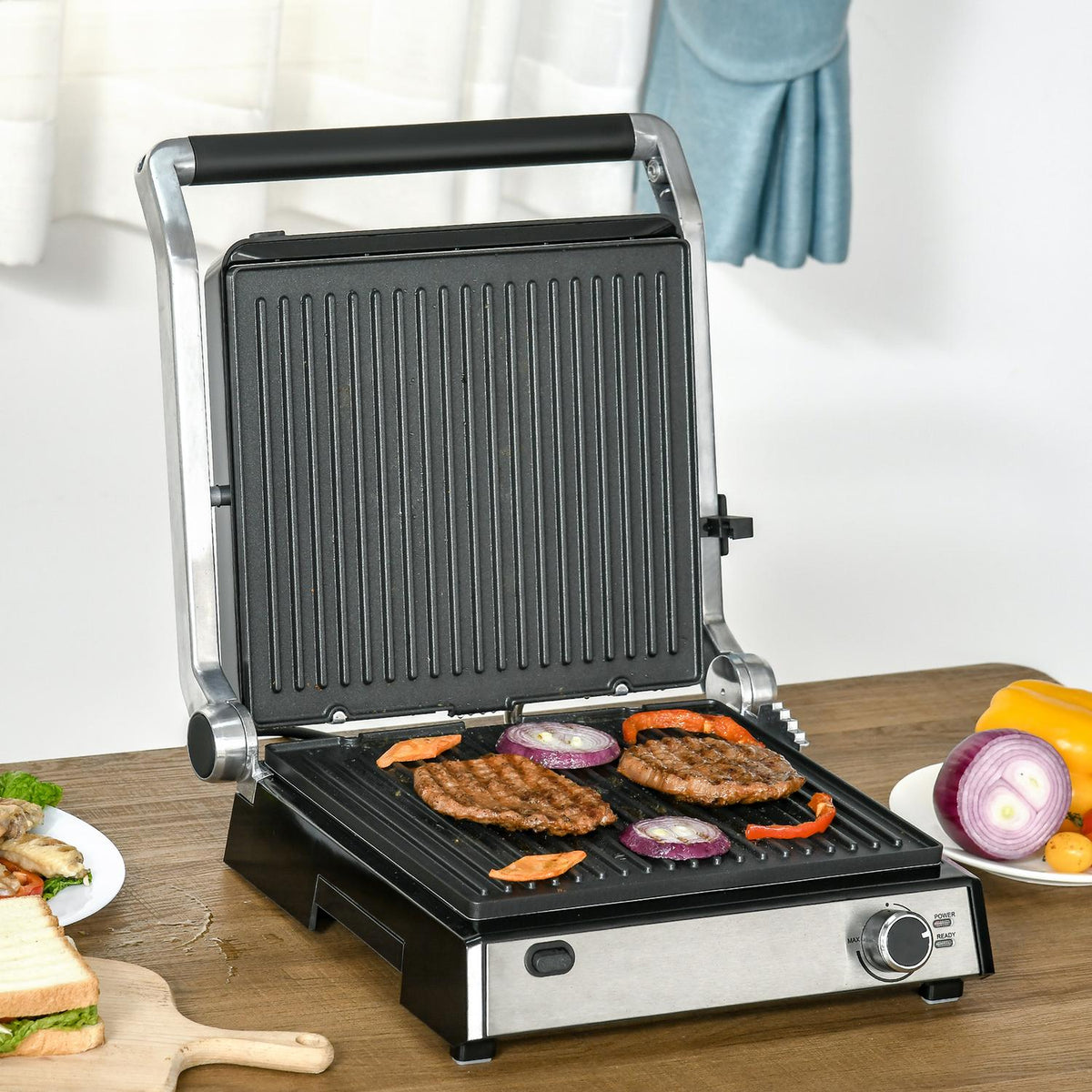 Contact Grill Electric Grill 2000W Table Grill Bbq With Adjustable Thermostat 180 Degrees Foldable Stainless Steel Silver + Black 36.6 X 35.7 X 16.2 Cm