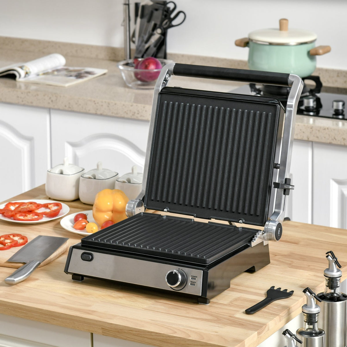 Contact Grill Electric Grill 2000W Table Grill Bbq With Adjustable Thermostat 180 Degrees Foldable Stainless Steel Silver + Black 36.6 X 35.7 X 16.2 Cm
