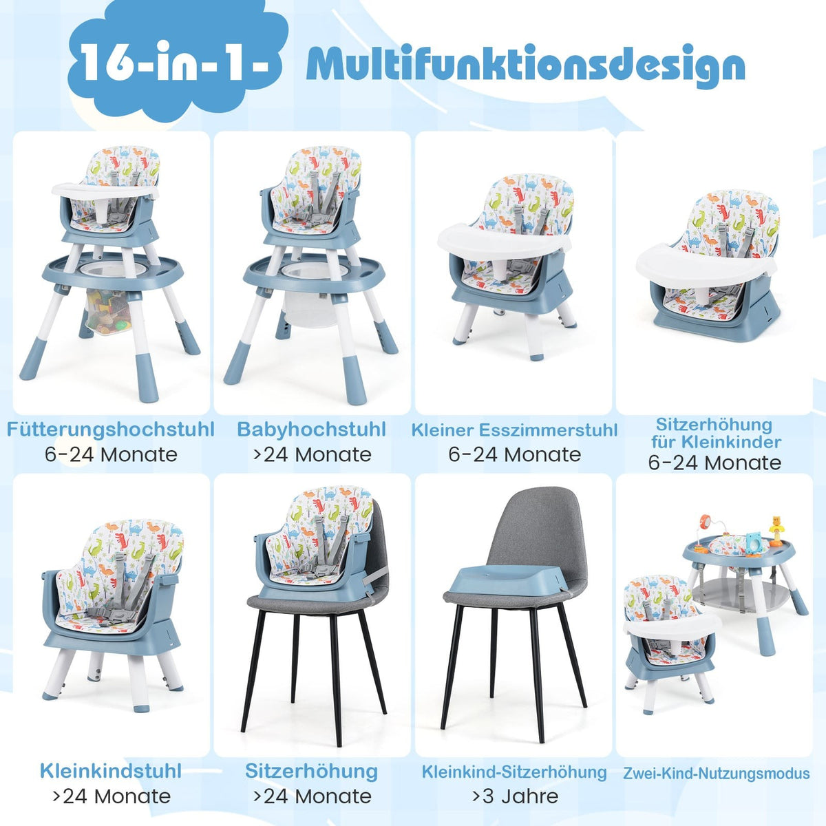 Convertible 16-in-1 Baby High Chair with Tray & Harness