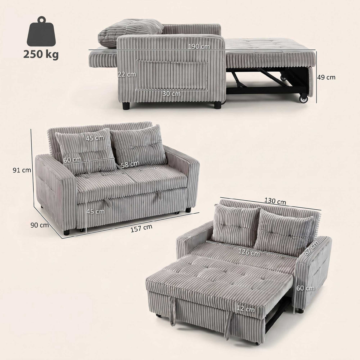 Convertible 2-Seater Cord Sofa Bed, 2 Pillows, Pockets, Grey