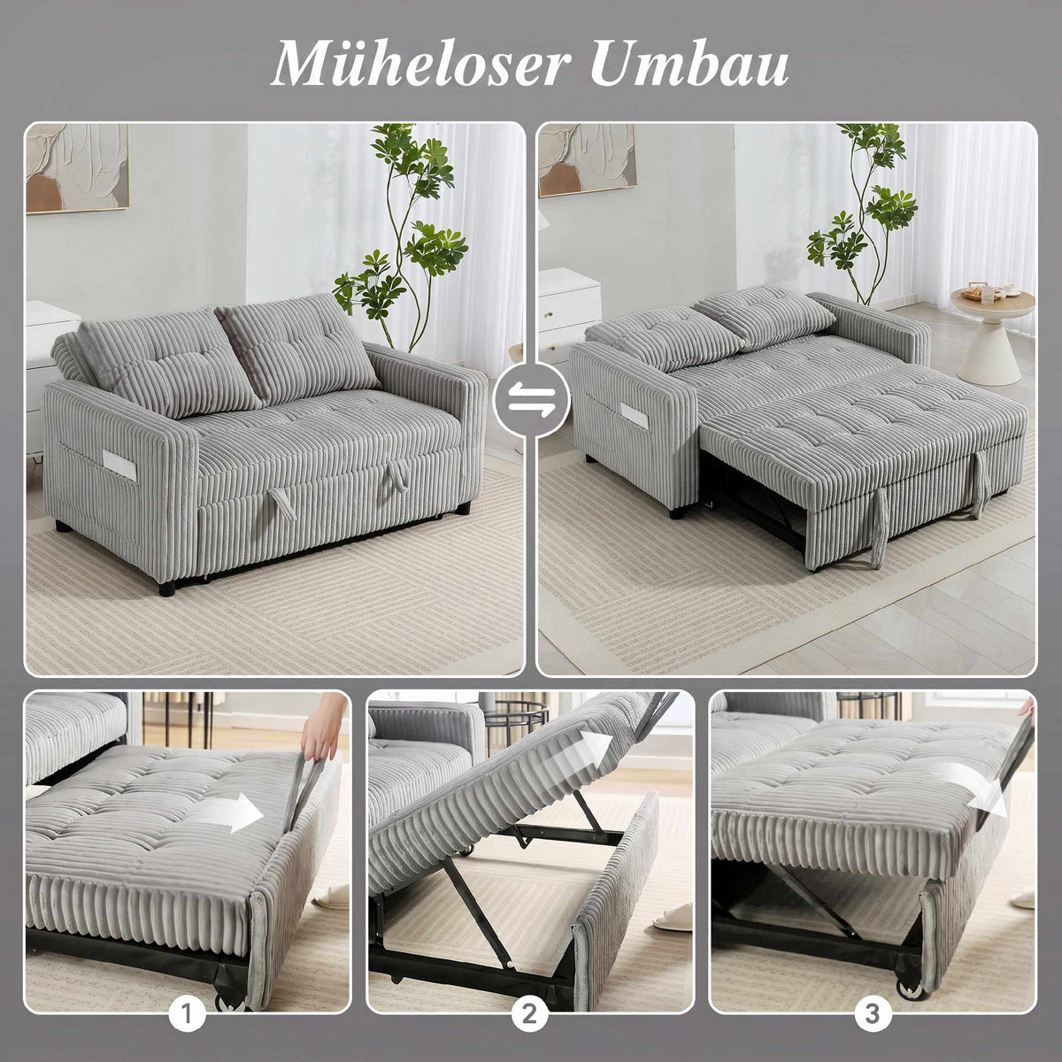 Convertible 2-Seater Cord Sofa Bed, 2 Pillows, Pockets, Grey