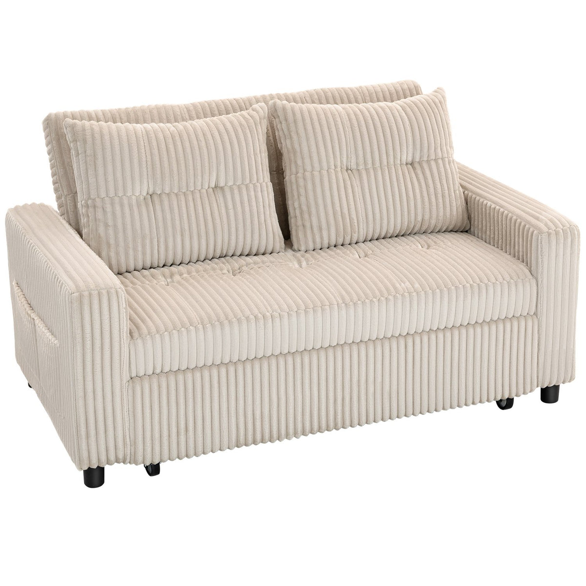 Convertible 2-Seater Sofa Bed, Cord Fabric, Cream White