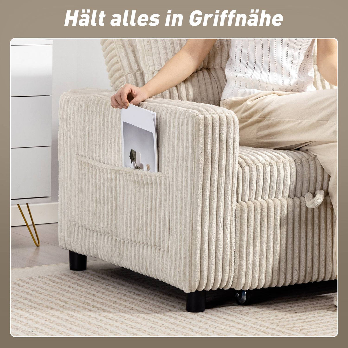 Convertible 2-Seater Sofa Bed, Cord Fabric, Cream White