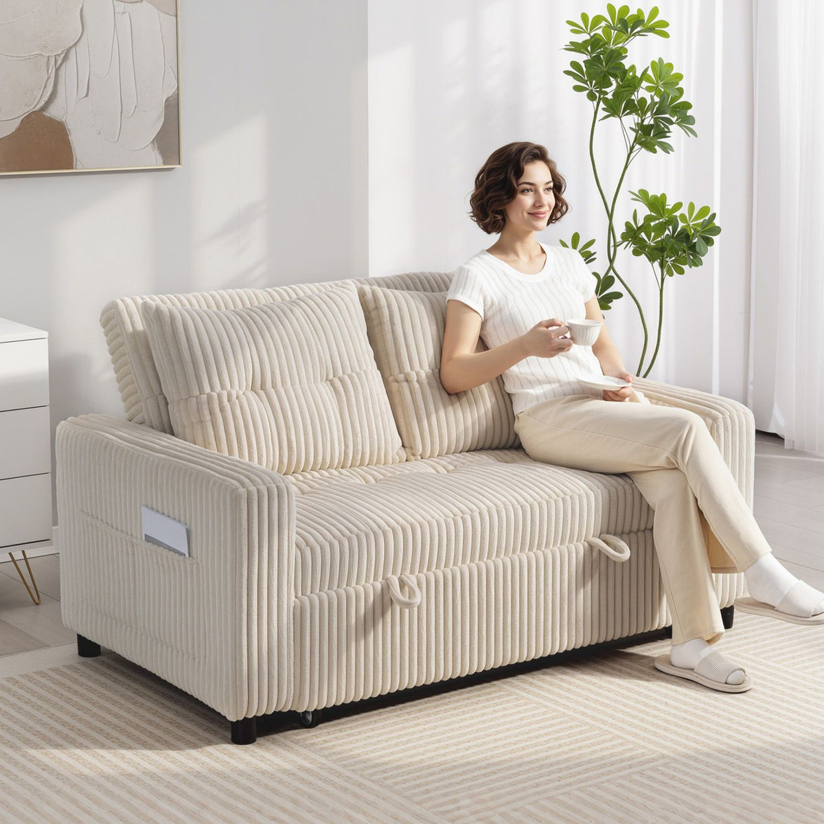 Convertible 2-Seater Sofa Bed, Cord Fabric, Cream White
