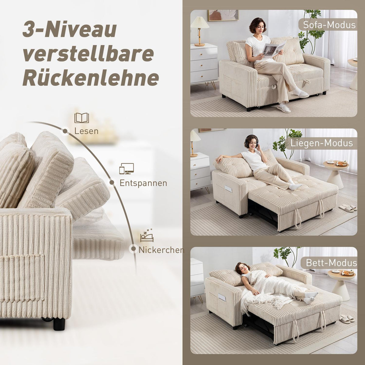 Convertible 2-Seater Sofa Bed, Cord Fabric, Cream White