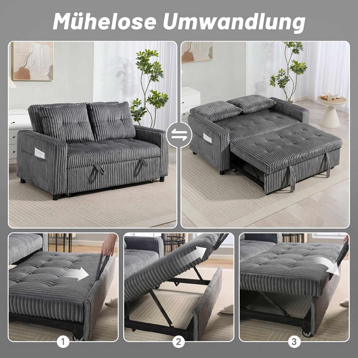 Convertible 2-Seater Sofa Bed, Dark Grey Cord, 157x190 cm
