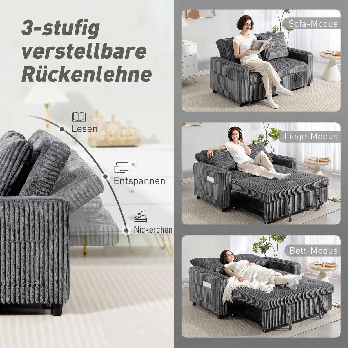 Convertible 2-Seater Sofa Bed, Dark Grey Cord, 157x190 cm