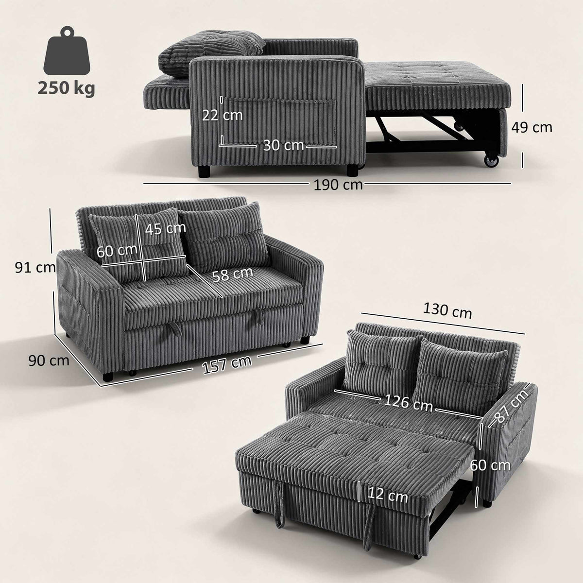 Convertible 2-Seater Sofa Bed, Dark Grey Cord, 157x190 cm