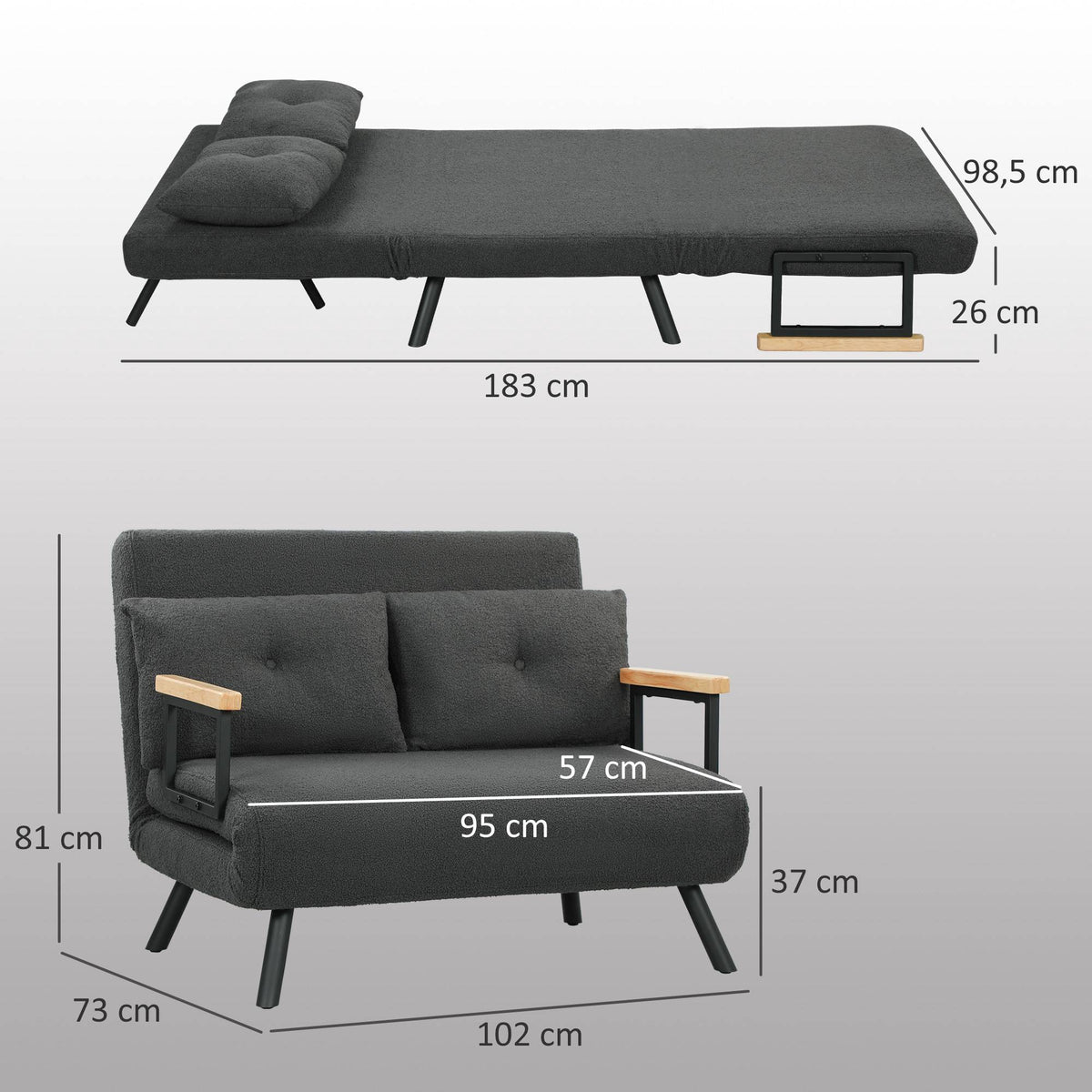 Convertible 2-Seater Sofa Bed with Sherpa Look, Dark Grey