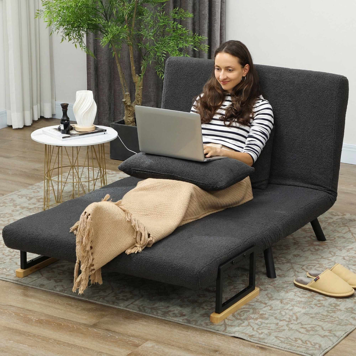 Convertible 2-Seater Sofa Bed with Sherpa Look, Dark Grey