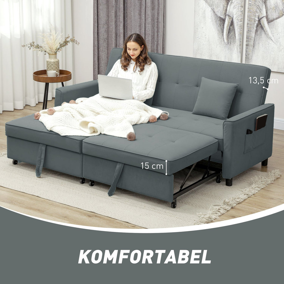 Convertible 3-Seater Sofa Bed with Adjustable Backrest, Grey