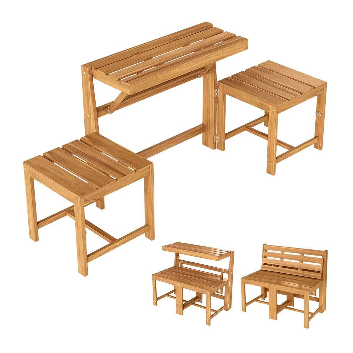 Convertible 3-in-1 Acacia Wood Garden Bench and Table Set