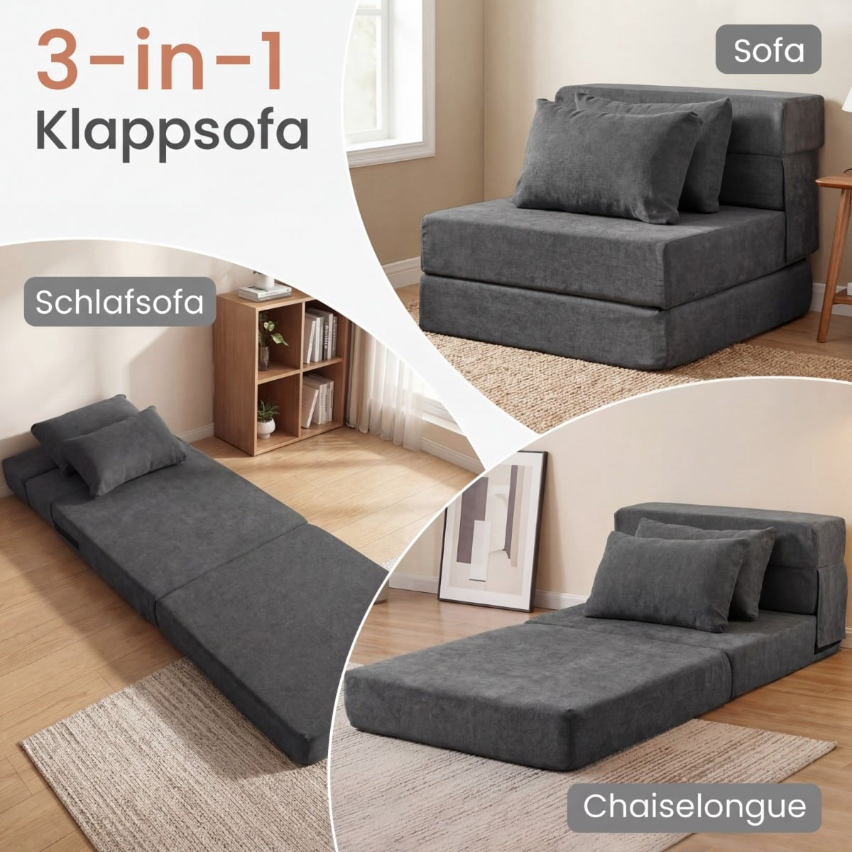 Convertible 3-in-1 Chenille Sofa Bed with 2 Cushions, Gray