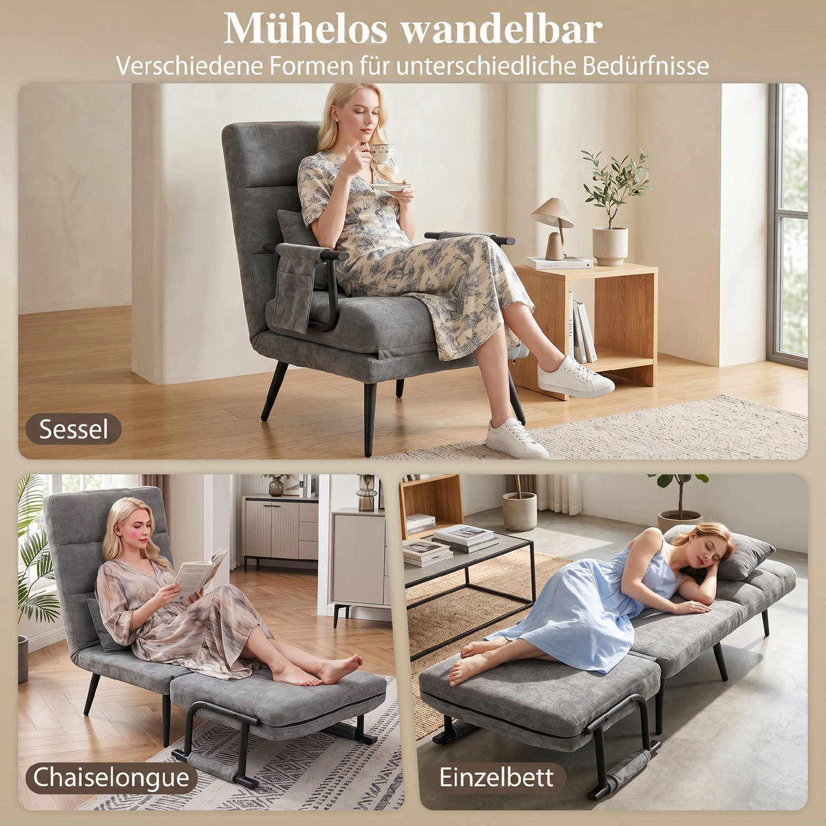 Convertible 3-in-1 Sleeper Chair with Adjustable Backrest