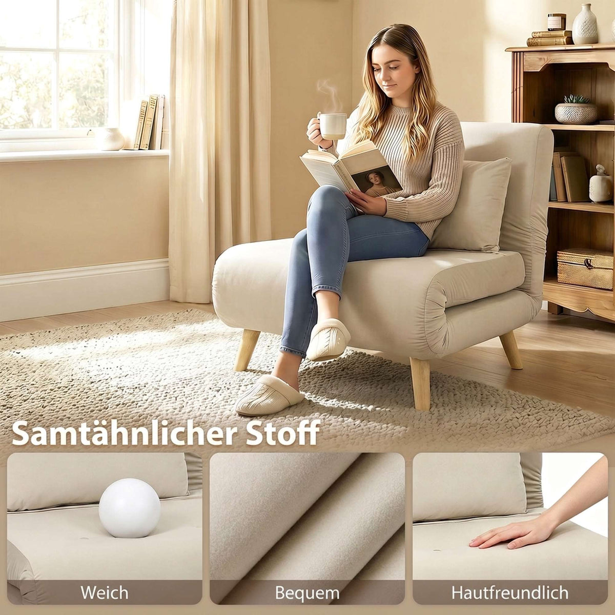 Convertible 3-in-1 Sofa Bed, Adjustable Backrest, Beige