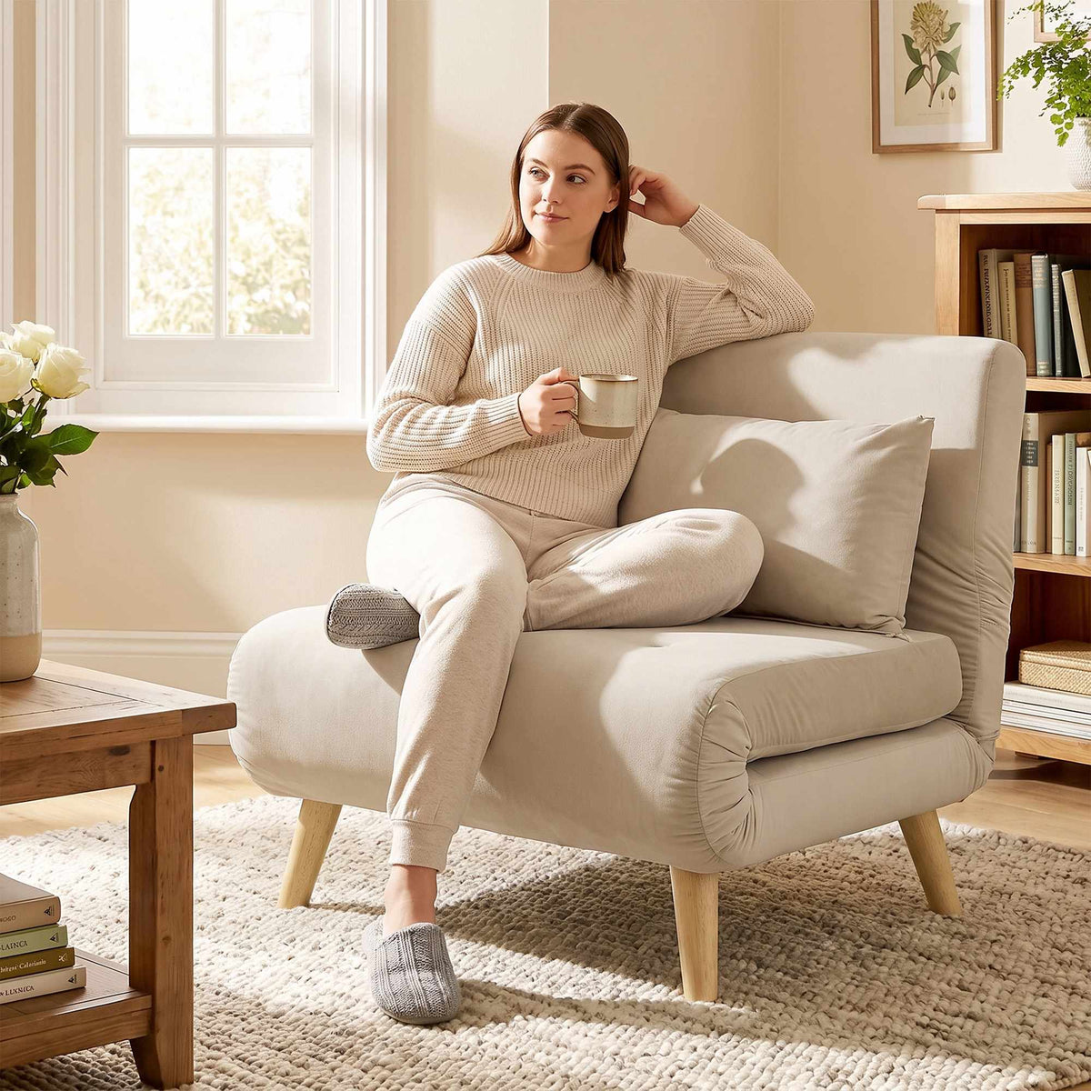 Convertible 3-in-1 Sofa Bed, Adjustable Backrest, Beige
